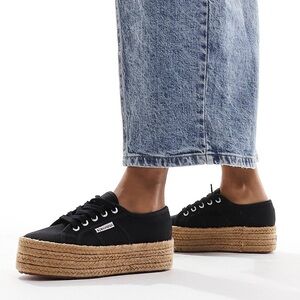 Superga Black Platform Espadrilles Lace Up Cotton Upper Sneakers Size 6